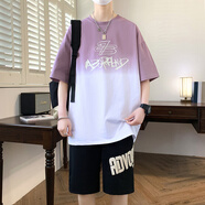 冰韻短袖t恤男青少年夏季潮流半袖初高中學(xué)生大童帥氣運(yùn)動(dòng)短褲套裝 D6019-5紫色 【短袖+短褲】 M 【建議80-95斤】