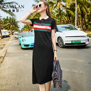 卡米蘭（kamilan）氣質polo領短袖連衣裙女2025夏季新款時尚中長款拼接A字裙 黑色 XL
