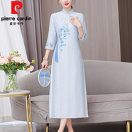 皮爾卡丹（pierre cardin）新中式國風(fēng)改良旗袍連衣裙女春秋季大尺碼中年媽|媽氣質(zhì)洋氣高端 淺藍色【歐貨歐洲站潮牌/歐貨胖m S 【80-95斤】