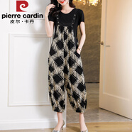 皮爾卡丹（pierre cardin）2025年夏季新款時(shí)尚洋氣減齡吊帶連體褲女寬松大碼女裝背帶褲套裝 幾何吊帶褲+短袖 黑T恤 S