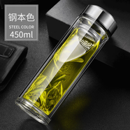 樂(lè )扣樂(lè )扣（LOCK&LOCK）玻璃杯水杯雙層男2025新款耐高溫杯子茶水分離杯大容量便攜泡茶杯 【升級茶水分離款】鋼本色 450ml