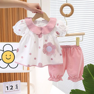 愛圖榮女童夏裝套裝2025新款兒童裝女寶寶短袖兩件套0-3歲嬰兒衣服女孩 小花粉色 80 建議1歲左右的寶