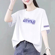 珞妮純棉短袖t恤女2026夏季新款時(shí)尚氣質(zhì)減齡大碼寬松遮肚子上衣女裝 白色【AT字母 】 L 建議110-125斤