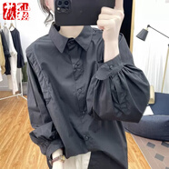 莜仙格長袖襯衫2025春季新款韓國時尚燈籠袖寬松減齡上衣打底衫襯衣女款 黑色 L 【建議110-125斤】