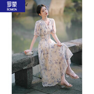 羅蒙（ROMON）連衣裙女裝夏季2024新款V領(lǐng)溫柔風(fēng)印花裙夏季收腰顯瘦天絲A字裙子 花色 S 85-95斤