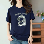 PHJ短袖t恤女夏季新款寬松顯瘦圓領(lǐng)印花半袖上衣打底衫韓版時(shí)尚體恤 寶藍色 2XL