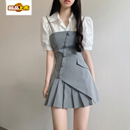 初徑韓國洋氣小眾設計感不規則兩件套襯衫連衣裙女夏季新款短 灰色背帶裙 【收藏店鋪優(yōu)先發(fā)貨 S 【80斤-95斤】