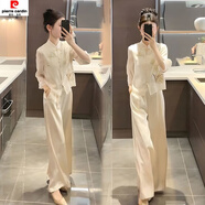 皮爾卡丹（pierre cardin）單/套裝夏季新款新中式立領(lǐng)盤扣刺繡上衣高腰百搭闊腿褲兩件套潮 24430-米杏色【套裝】 XL 【建議110-125斤】