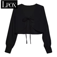 LPOX2025新款冰開(kāi)衫夏季短款披肩外套女燈籠袖百搭休閑色上衣 黑色 2XL _建議130-140斤