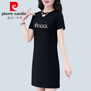 皮爾卡丹（pierre cardin）短袖t恤連衣裙女士2025夏季新款修身顯瘦印花百搭中長(cháng)款半袖裙子 黑色 2XL 碼丨建議125-140斤