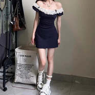 微光里法式蕾絲小飛袖連衣裙子女夏季2025年新款辣妹收腰設(shè)計感包臀短裙 一字肩短裙【藏藍(lán)色 M】 95-110斤