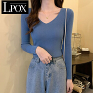 LPOX針織衫女秋冬新款修身緊身v領(lǐng)長袖內(nèi)搭上衣洋氣毛衣女士打底衫 霧霾蘭 L 建議100-115斤