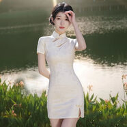 柏潮中國風旗袍短款新款短袖年輕款小個子少女復(fù)古開叉 杏色 【雙開口】 S 建議70-90斤