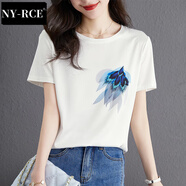 NY-RCE短袖t恤女夏季2025新款短款上衣百搭潮流印花減齡小白t恤 羽毛 M 90-105斤
