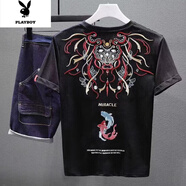 花花公子2022年夏季新款國(guó)潮民族風(fēng)刺繡短袖T恤男純色圓領(lǐng)百搭體恤打底衫 黑色刺繡上衣(面料) XL 適合130-150斤