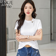 婕米兒紅色短袖t恤女2025夏季純棉蝴蝶結(jié)正肩小衫顯瘦洋氣上衣打底衫 白色 S