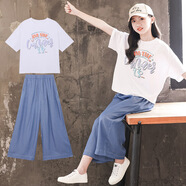 藍貝妮童裝女童套裝2025夏季新款闊腿褲兒童衣服大童女裝9-12歲女孩夏裝 白色字母 170 碼建議身高160CM