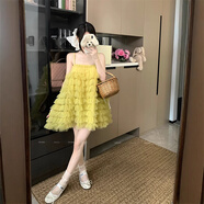 榮西圖（RONGXITU）仙氣網(wǎng)紗吊帶蛋糕裙蓬蓬公主短裙女裝海邊度假超美連衣裙顯瘦 黃色蓬蓬裙 均碼