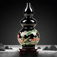 傲世景德鎮(zhèn)陶瓷器新中式花瓶工藝品客廳擺件酒柜玄關(guān)茶室博古架裝飾品 烏金釉清荷高升葫蘆+底座