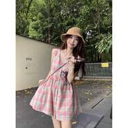 伊琦蕾（YIQILEI）撞色格子單排扣背心連衣裙女夏季2025新款甜美風(fēng)收腰顯瘦無(wú)袖短裙 粉色 S