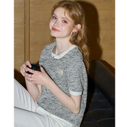 庫恩瑪維（KUHNMARVIN）輕熟風(fēng)小香風(fēng)短袖T恤女2025年夏新款OL職場(chǎng)氣質(zhì)知性穿搭K33627 黑白色 L