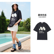 美特斯邦威（Meters Bonwe）t恤男2025夏季新款潮流字母印花寬松白色短袖情侶上衣 藏青色組 M 170