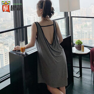 萌趣鯊胖mm大碼無(wú)袖吊帶睡裙女夏季寬松背心裙中長(cháng)款薄款露背睡衣300斤 灰色 M 建議120斤內