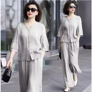 俞兆林（YUZHAOLIN）母親節媽媽時(shí)尚天絲苧麻套裝夏季2025新款寬松棉麻闊腿褲兩件套 淺灰色 XL 建議120-130斤