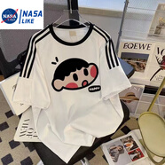 NASALIKE純棉蠟筆小新三條杠恤T男女春夏季寬松短袖韓版新款上衣潮休閑體 白色 S