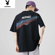 花花公子日系印花短袖T恤男夏季百搭男裝半袖情侶裝潮牌寬松體恤 01黑 L