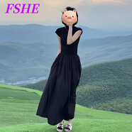 FSHE2025年春季新款精致短袖半高領(lǐng)黑色連衣裙女赫本風(fēng)旅游度假長裙子 黑色 L 【110-120斤】