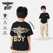 BOY JUNIOR夏季潮牌男女兒童裝圓領(lǐng)背面翅膀燙金印花寬松短袖T恤K01141 黑色 120