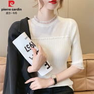 皮爾卡丹（PIERRE CARDIN）2025春夏新款中袖甜美打底衫女士毛衣圓領(lǐng)薄款蕾絲內(nèi)搭針織衫上衣 米白色 L 【110-125斤】