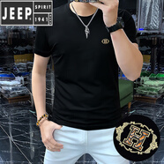JEEP SPIRIT歐洲站雙絲光棉短袖t恤男韓版修身潮流純色簡(jiǎn)約小標(biāo)透氣冰絲半袖 黑色(A款) 5XL (195-210斤)