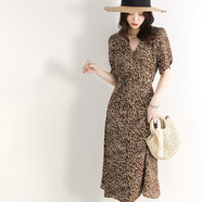 COLORFUL GEMS日系輕奢V領(lǐng)碎花連衣裙短袖雪紡高腰款2025夏季 咖色 XL