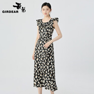 哥弟（GIRDEAR）女裝2025夏季新款荷葉邊精致印花連衣裙（附腰帶）150005 印花-黑 M (3碼)