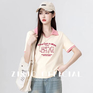 孜茜黑色polo領(lǐng)短袖T恤女2025夏季新款寬松卡通印花體恤撞色翻領(lǐng)上衣 粉紅色 L l165/88a