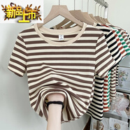 初徑棉圓領(lǐng)條紋短袖t恤女寬松顯瘦簡(jiǎn)約體恤夏季新款撞色遮肉上衣女 咖啡條【條紋T恤】 M 【80-100斤】