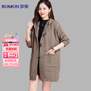 羅蒙（ROMON）高檔純羊毛女連帽中長款針織開衫女秋冬新款毛衣外套外搭軟糯減齡 深駝 M