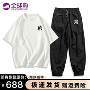 YKINCASL潮牌短袖t袖套裝男女情侶款夏季純棉重磅上衣冰絲休閑褲兩件套裝 白色短袖+亞光黑長(zhǎng)褲（NE01） M （建議100-130斤）