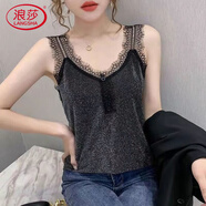 浪莎（LangSha）吊帶背心女花邊外穿洋氣高端蕾絲打底衫西裝內(nèi)搭小衫無(wú)袖V領(lǐng)上衣 857#黑色 L 建議[100110斤]