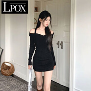 LPOX欲風(fēng)氣質(zhì)一字肩掛脖連衣裙女秋小眾甜辣打底針織內(nèi)搭包臀短裙 黑色 S