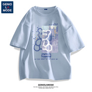 GENIOLAMODE情侶裝t恤短袖一男一女夏季上衣ins潮流純棉寬松大碼學生卡通半袖 冰川藍色(藍色小熊) L (175)