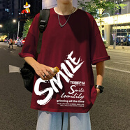 稻草人夏季新款美式短袖T恤男潮牌ins情侶高街上衣寬松打底體恤衫 酒紅色 T659 M