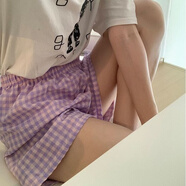 漫蔻依2025年夏季新款韓系格子甜美舒適透氣居家遛彎褲睡褲九分褲小清新 淺紫格子【短褲】 M 80-120斤