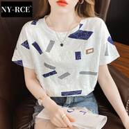 NY-RCE短袖T恤女ins潮白色半袖夏裝新款韓版寬松女士夏季上衣 810藍色方塊 XL