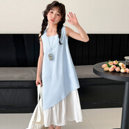 哈羅小黃鴨HAL.DUCK女童夏裝連衣裙2025新中大兒童小清新夏季裙子女孩假兩件拼接裙 藍色連衣裙 120 cm