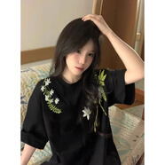 美式高街刺繡花卉短袖t恤女夏季寬松小眾設計感oversize情侶上衣 黑色 M