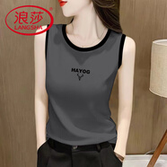 浪莎（LangSha）純棉無(wú)袖吊帶背心T恤衫女夏季新款韓版百搭休閑內(nèi)搭體恤上衣 深灰色-英文鹿頭 3XL 145-160斤