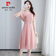 皮爾卡丹（pierre cardin）夏季短袖連衣裙女裝2024新款韓版高腰顯瘦時(shí)尚中長(cháng)款氣質(zhì)雪紡裙子 粉色 M （80-100斤）